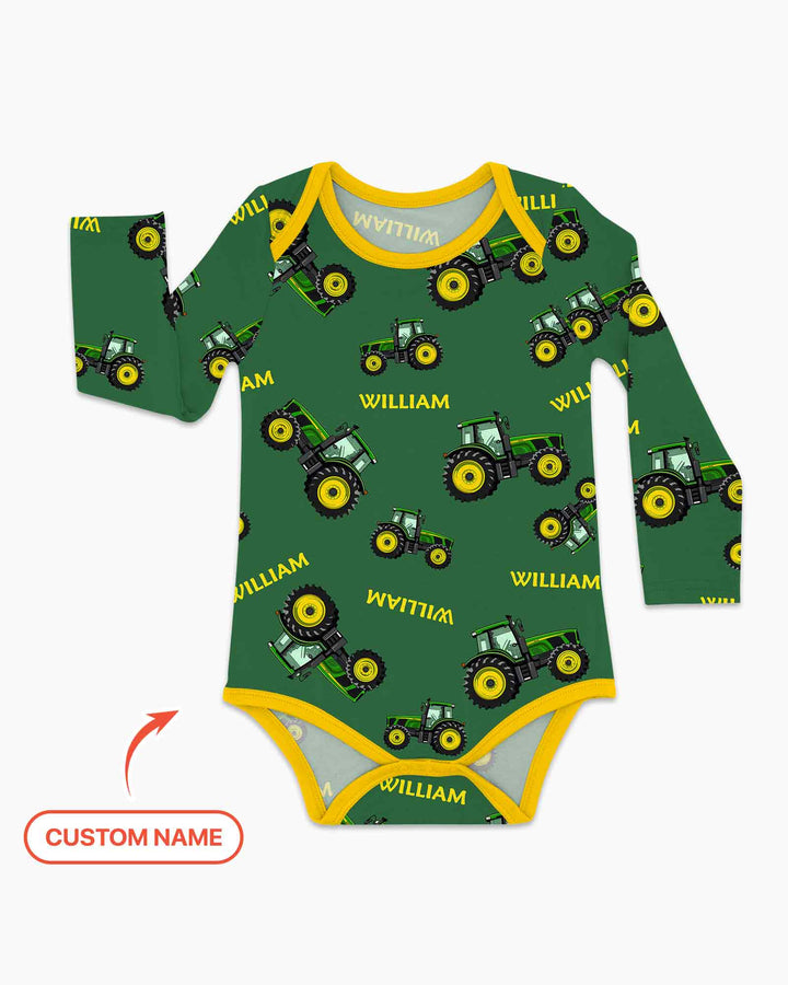 Custom Name Green Tractors Matching Daddy & Me Bamboo Bodysuit