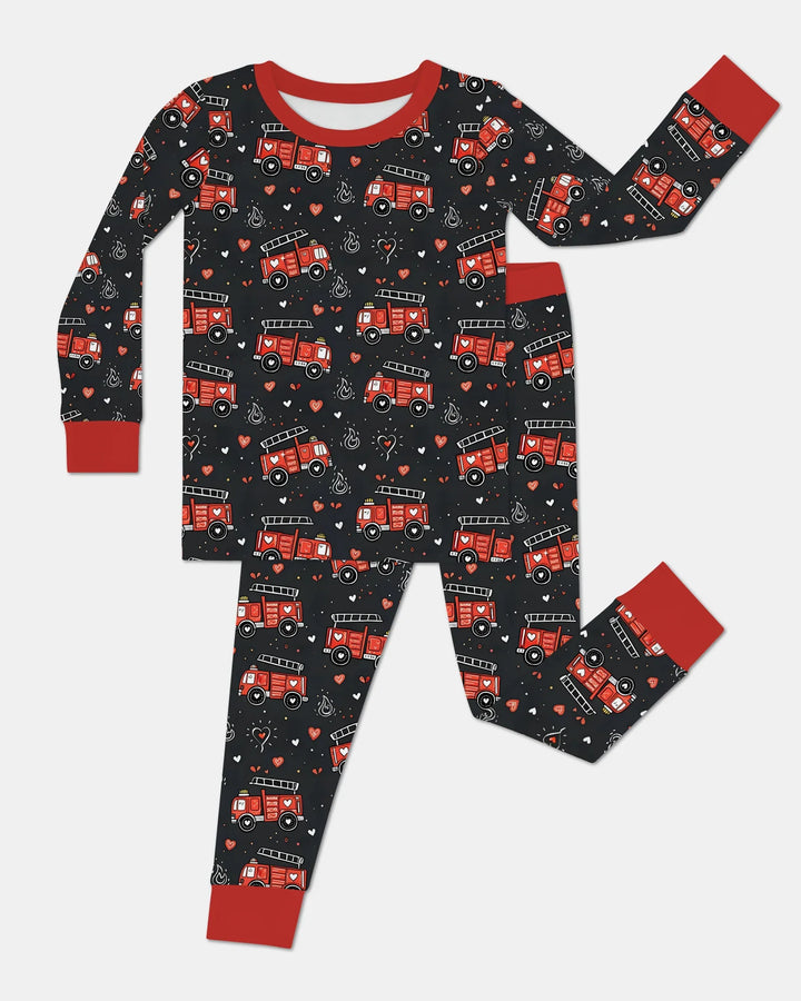 Valentine Fire Trucks Bamboo Two Piece Long Sleeve Pajama Set