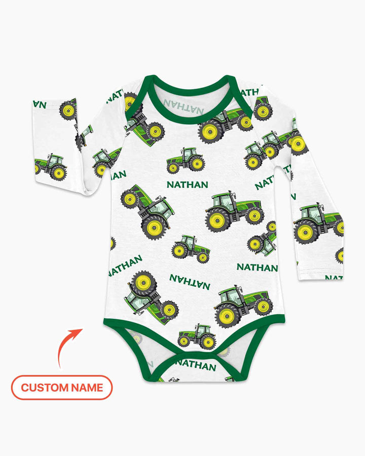 Custom Name Green Tractors Matching Daddy & Me Bamboo Bodysuit