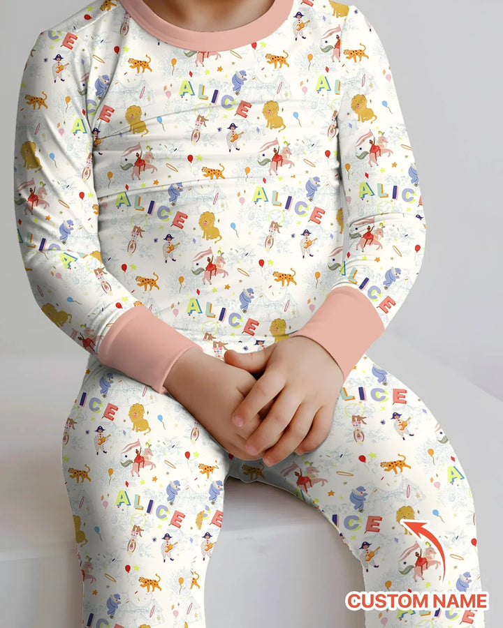 Custom Name Circus Toile Bamboo Two Piece Long Sleeve Pajama Set