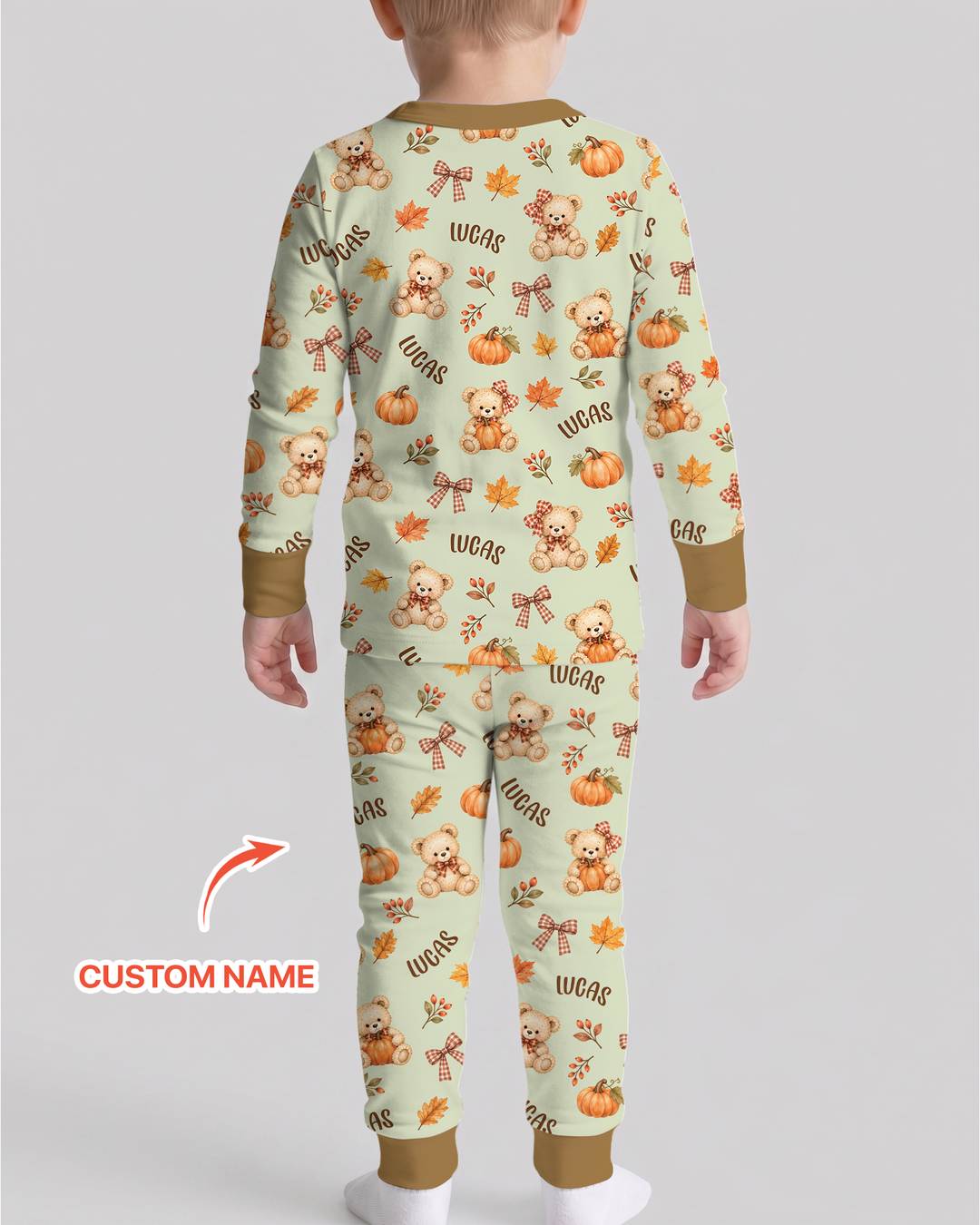 Fall Gingham Bow Teddy Bear Bamboo Two Piece Long Sleeve Pajama Set