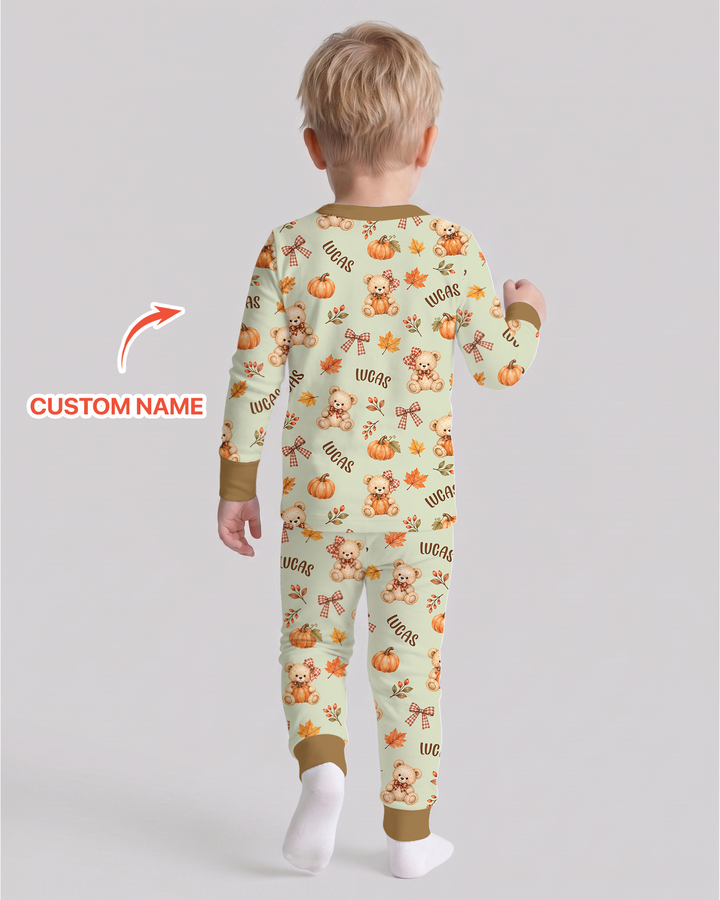 Fall Gingham Bow Teddy Bear Bamboo Two Piece Long Sleeve Pajama Set