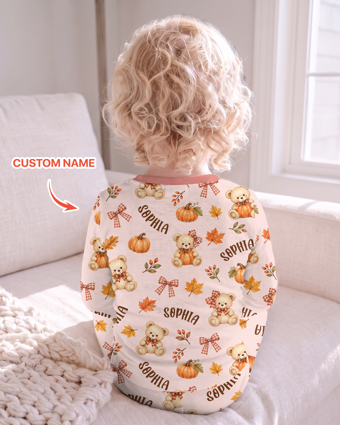 Fall Gingham Bow Teddy Bear Bamboo Two Piece Long Sleeve Pajama Set