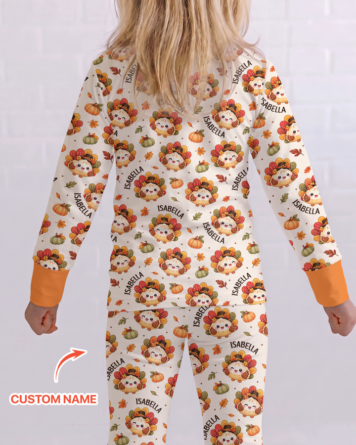 Cute Dumpling Turkey Thanksgiving Bamboo Two Piece Long Sleeve Pajama Set