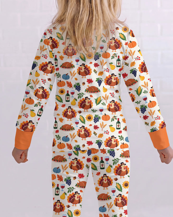 Thanksgiving Turkey Wine Harvest Bamboo Two Piece Long Sleeve Pajama Set