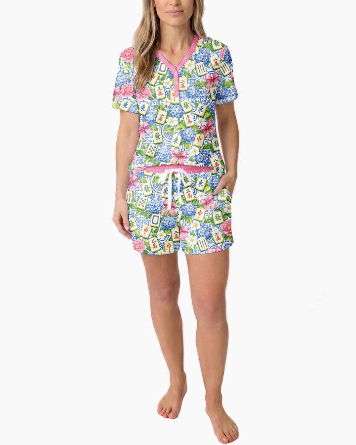 Mahjong in Bloom Bamboo Women Short Sleeve Short Pajama Set