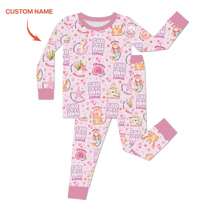 Mermaid God Says I Am Custom Name Two Piece Long Sleeve Pajama Set , Mermaid God Says I Am Custom Name Two Piece Long Sleeve Pajama Set - 12-18M