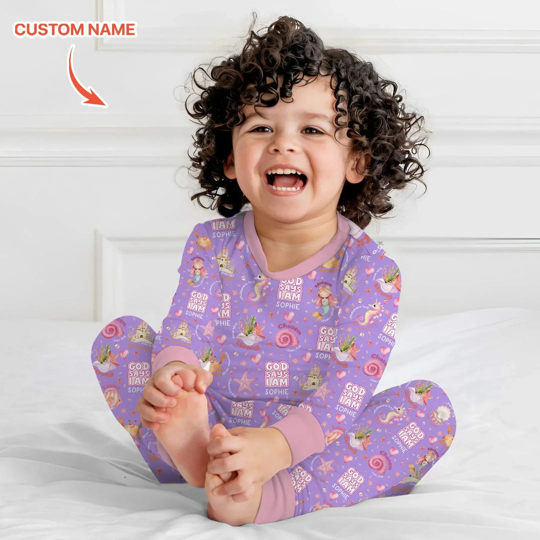 Mermaid God Says I Am Custom Name Two Piece Long Sleeve Pajama Set , Mermaid God Says I Am Custom Name Two Piece Long Sleeve Pajama Set - 12-18M