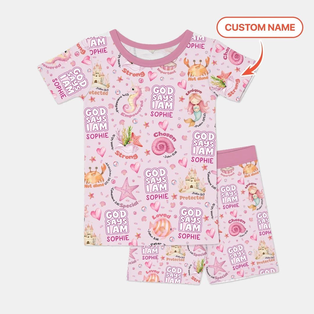 Mermaid God Says I Am Custom Name Two Piece Short Sleeve Shorts Pajama Set , Mermaid God Says I Am Custom Name Two Piece Short Sleeve Shorts Pajama Set - 12-18M