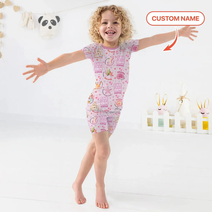 Mermaid God Says I Am Custom Name Two Piece Short Sleeve Shorts Pajama Set , Mermaid God Says I Am Custom Name Two Piece Short Sleeve Shorts Pajama Set - 12-18M