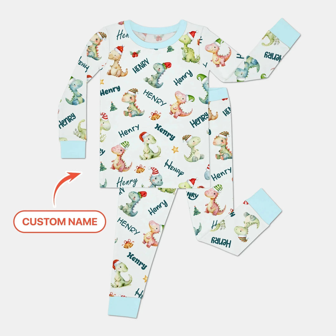 Merry Christmas Dinosaur Custom Name Two Piece Long Sleeve Pajama Set , Merry Christmas Dinosaur Custom Name Two Piece Long Sleeve Pajama Set - 12-18M