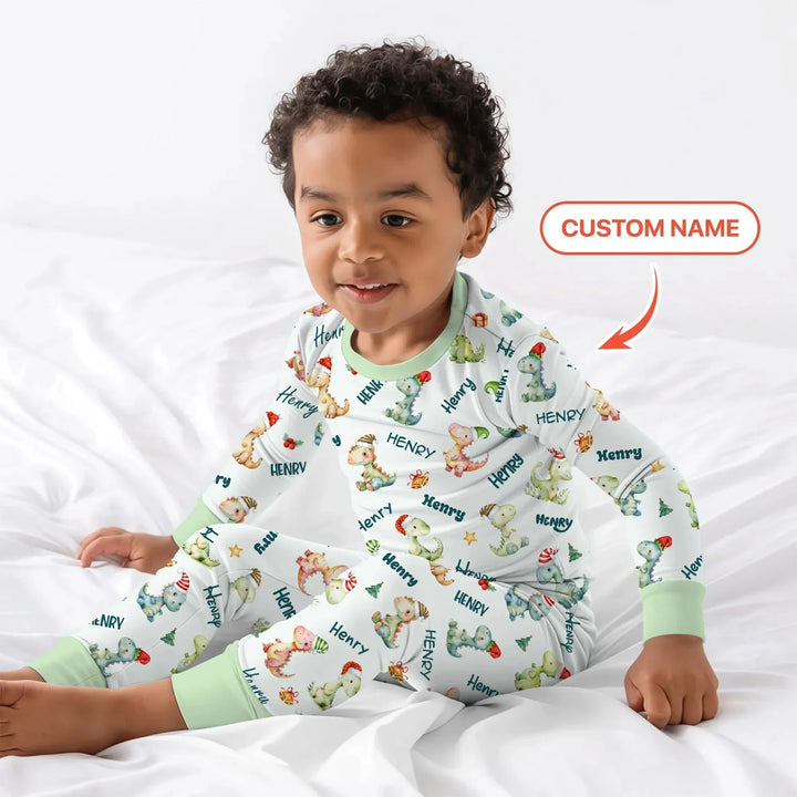 Merry Christmas Dinosaur Custom Name Two Piece Long Sleeve Pajama Set , Merry Christmas Dinosaur Custom Name Two Piece Long Sleeve Pajama Set - 12-18M