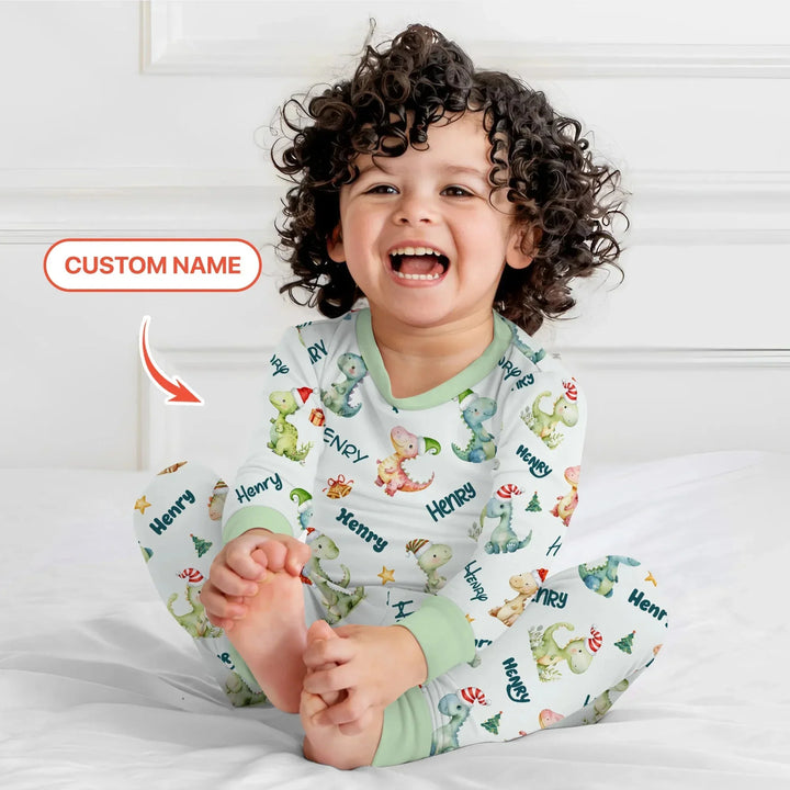 Merry Christmas Dinosaur Custom Name Two Piece Long Sleeve Pajama Set , Merry Christmas Dinosaur Custom Name Two Piece Long Sleeve Pajama Set - 12-18M
