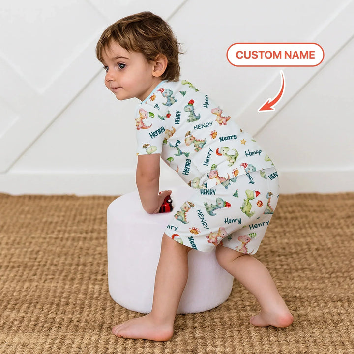 Merry Christmas Dinosaur Custom Name Two Piece Short Sleeve Shorts Pajama Set , Merry Christmas Dinosaur Custom Name Two Piece Short Sleeve Shorts Pajama Set - 12-18M