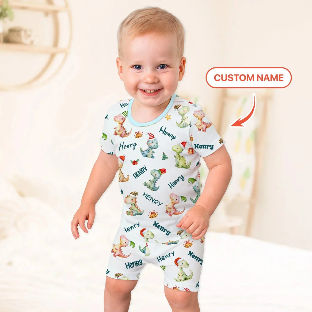 Merry Christmas Dinosaur Custom Name Two Piece Short Sleeve Shorts Pajama Set , Merry Christmas Dinosaur Custom Name Two Piece Short Sleeve Shorts Pajama Set - 12-18M