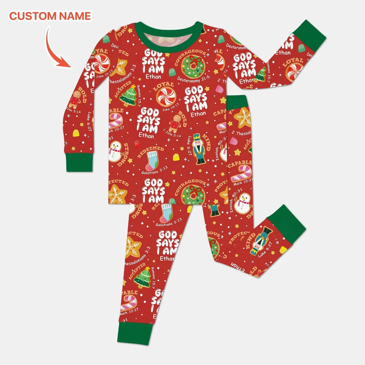 Merry Christmas God Says I Am Custom Name Two Piece Long Sleeve Pajama Set , Merry Christmas God Says I Am Custom Name Two Piece Long Sleeve Pajama Set - 4T