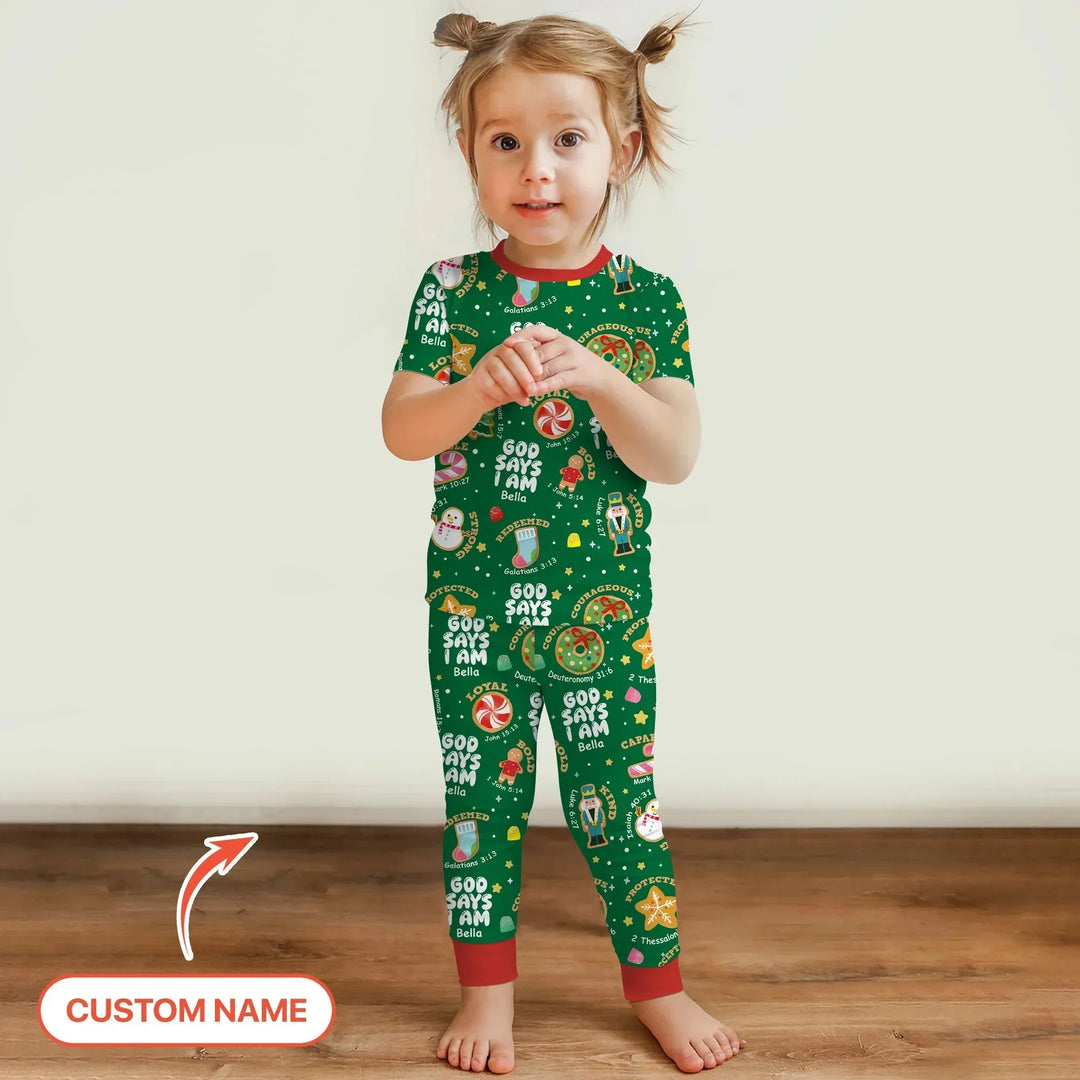 Merry Christmas God Says I Am Custom Name Two Piece Short Sleeve Pajama Set , Merry Christmas God Says I Am Custom Name Two Piece Short Sleeve Pajama Set - 12-18M