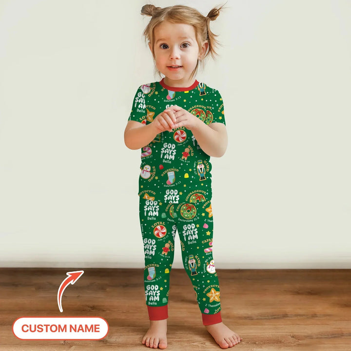 Merry Christmas God Says I Am Custom Name Two Piece Short Sleeve Pajama Set , Merry Christmas God Says I Am Custom Name Two Piece Short Sleeve Pajama Set - 12-18M