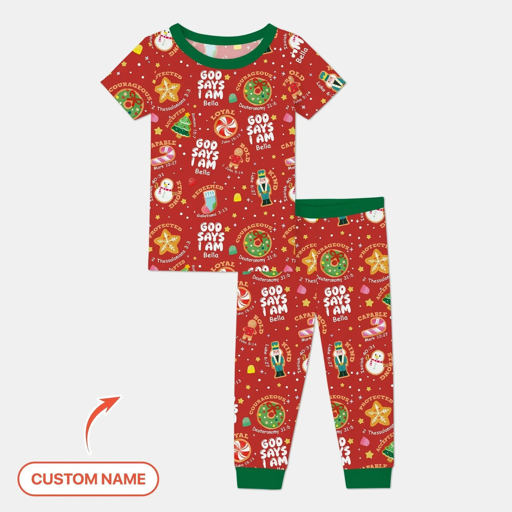 Merry Christmas God Says I Am Custom Name Two Piece Short Sleeve Pajama Set , Merry Christmas God Says I Am Custom Name Two Piece Short Sleeve Pajama Set - 4T