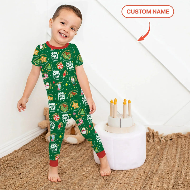Merry Christmas God Says I Am Custom Name Two Piece Short Sleeve Pajama Set , Merry Christmas God Says I Am Custom Name Two Piece Short Sleeve Pajama Set - 12-18M