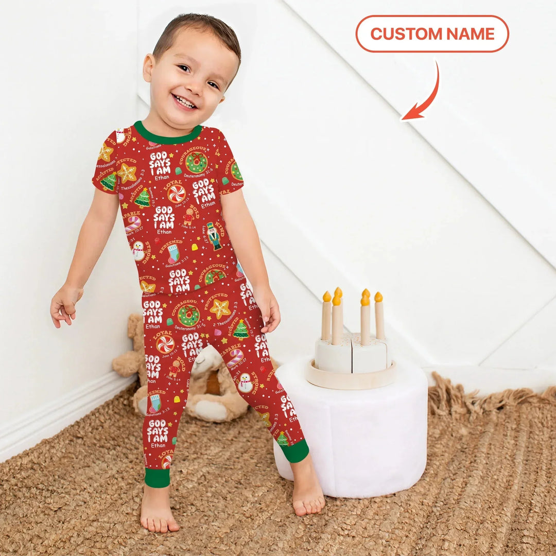 Merry Christmas God Says I Am Custom Name Two Piece Short Sleeve Pajama Set , Merry Christmas God Says I Am Custom Name Two Piece Short Sleeve Pajama Set - 12-18M