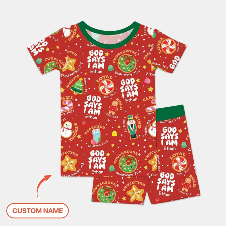 Merry Christmas God Says I Am Custom Name Two Piece Short Sleeve Shorts Pajama Set , Merry Christmas God Says I Am Custom Name Two Piece Short Sleeve Shorts Pajama Set - 12-18M