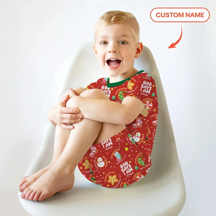 Merry Christmas God Says I Am Custom Name Two Piece Short Sleeve Shorts Pajama Set , Merry Christmas God Says I Am Custom Name Two Piece Short Sleeve Shorts Pajama Set - 12-18M