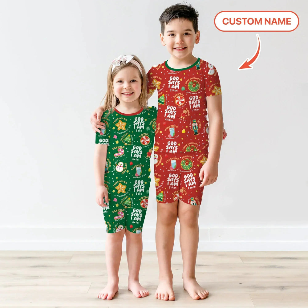 Merry Christmas God Says I Am Custom Name Two Piece Short Sleeve Shorts Pajama Set , Merry Christmas God Says I Am Custom Name Two Piece Short Sleeve Shorts Pajama Set - 12-18M
