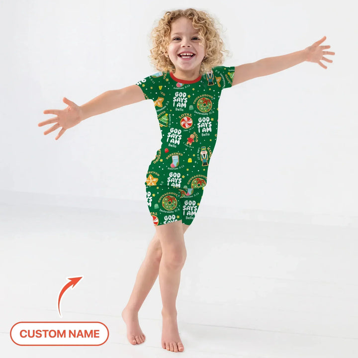 Merry Christmas God Says I Am Custom Name Two Piece Short Sleeve Shorts Pajama Set , Merry Christmas God Says I Am Custom Name Two Piece Short Sleeve Shorts Pajama Set - 12-18M