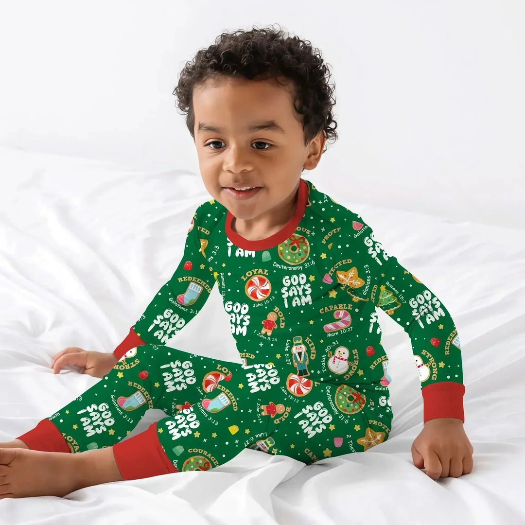 Merry Christmas God Says I Am Two Piece Long Sleeve Pajama Set - Zumbamboo , Merry Christmas God Says I Am Two Piece Long Sleeve Pajama Set - Zumbamboo - 12-18M / Green