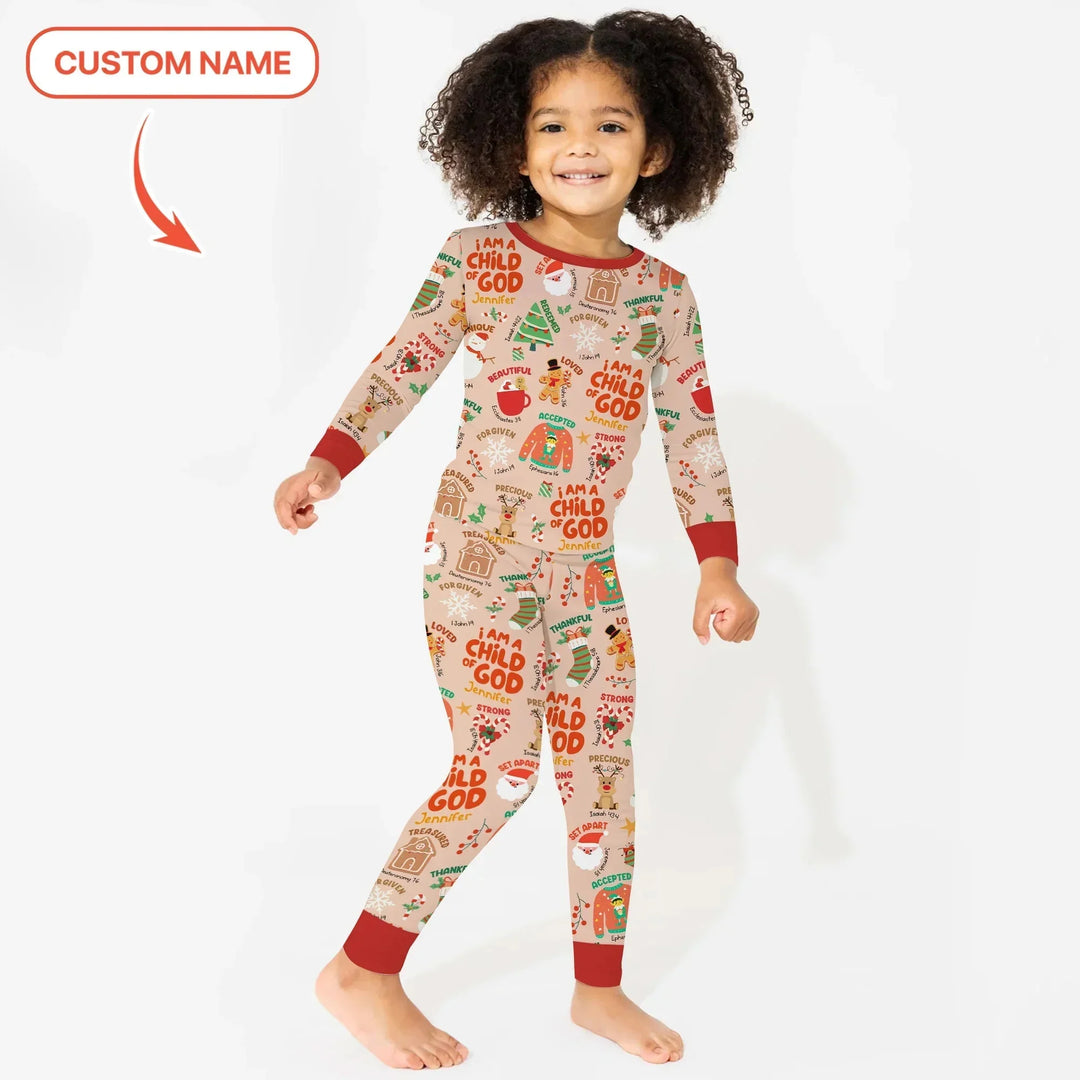 Merry Christmas I Am A Child Of God Custom Name Two Piece Long Sleeve Pajama Set , Merry Christmas I Am A Child Of God Custom Name Two Piece Long Sleeve Pajama Set - 12-18M