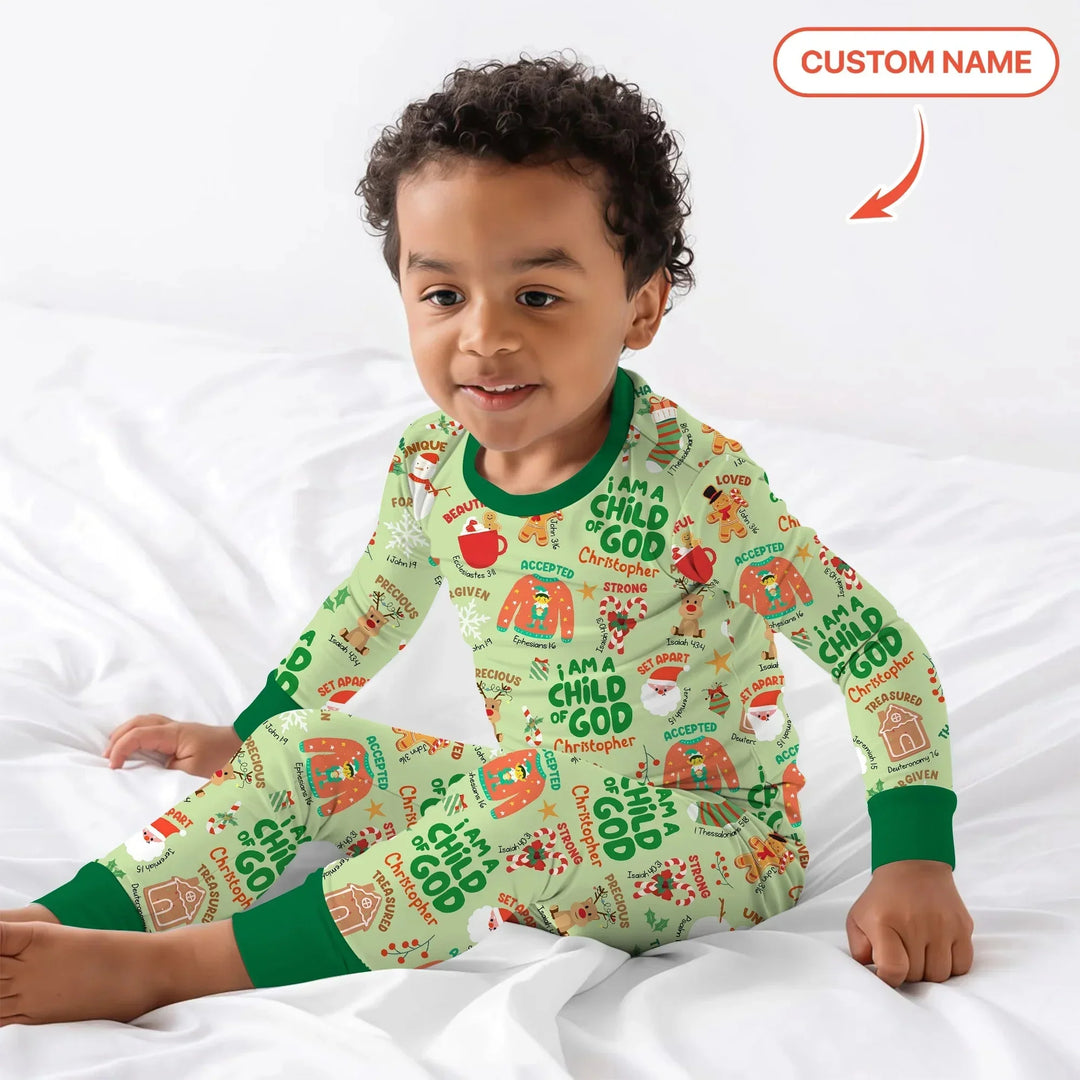 Merry Christmas I Am A Child Of God Custom Name Two Piece Long Sleeve Pajama Set , Merry Christmas I Am A Child Of God Custom Name Two Piece Long Sleeve Pajama Set - 12-18M
