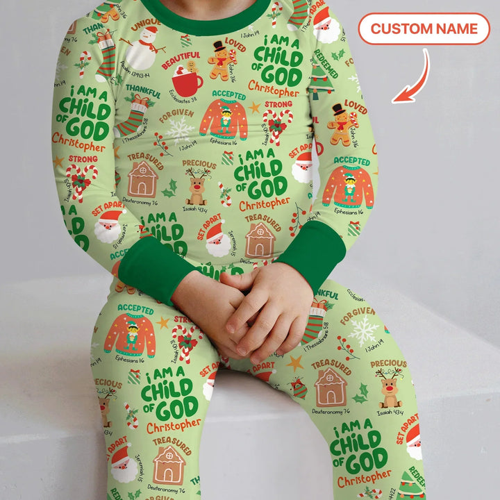 Merry Christmas I Am A Child Of God Custom Name Two Piece Long Sleeve Pajama Set , Merry Christmas I Am A Child Of God Custom Name Two Piece Long Sleeve Pajama Set - 12-18M