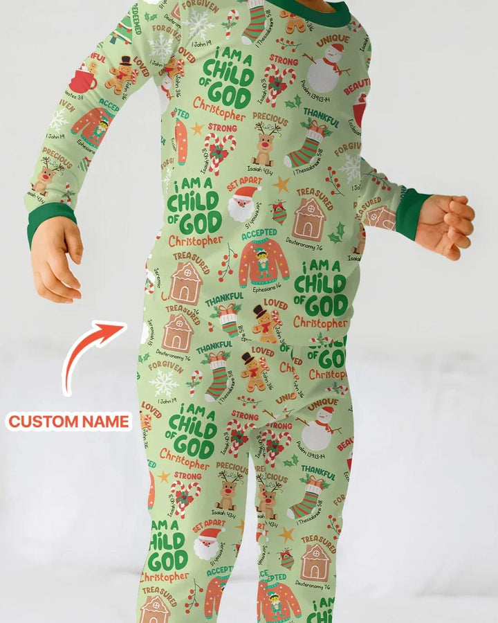 Merry Christmas I Am A Child Of God Custom Name Two Piece Long Sleeve Pajama Set , Merry Christmas I Am A Child Of God Custom Name Two Piece Long Sleeve Pajama Set - 12-18M