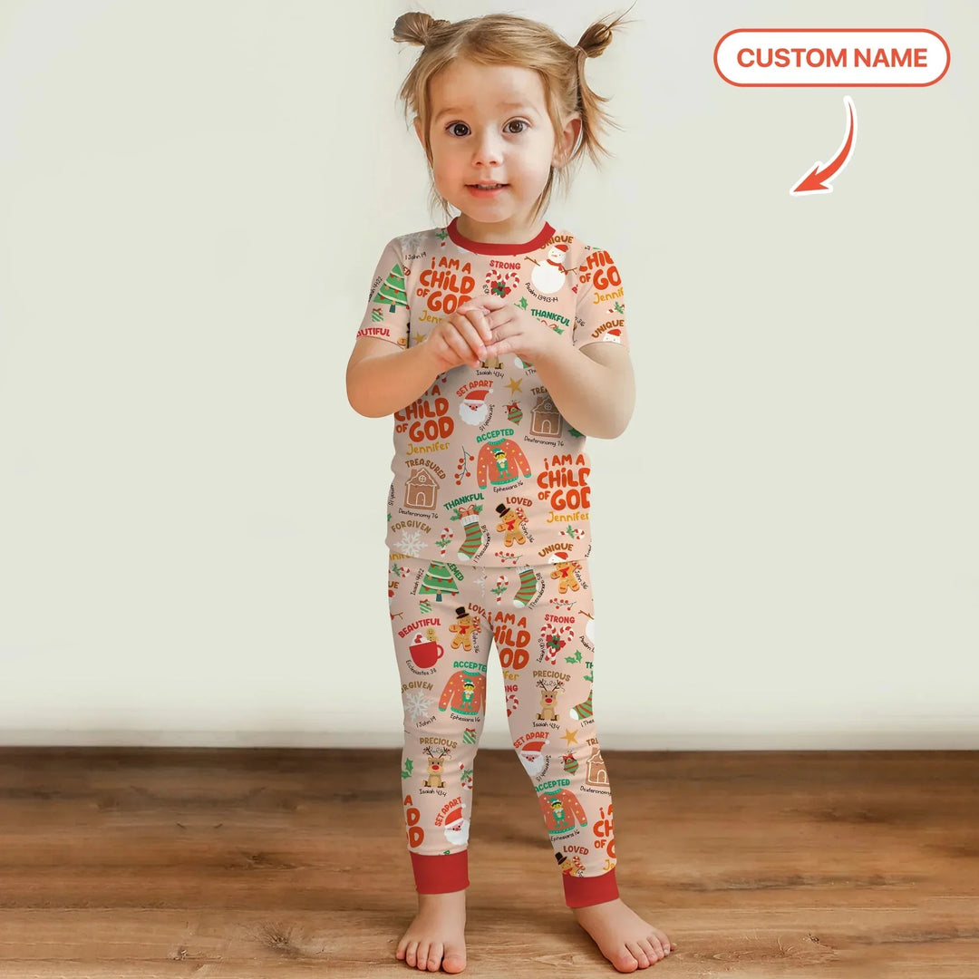 Merry Christmas I Am A Child Of God Custom Name Two Piece Short Sleeve Shorts Pajama Set , Merry Christmas I Am A Child Of God Custom Name Two Piece Short Sleeve Shorts Pajama Set - 12-18M