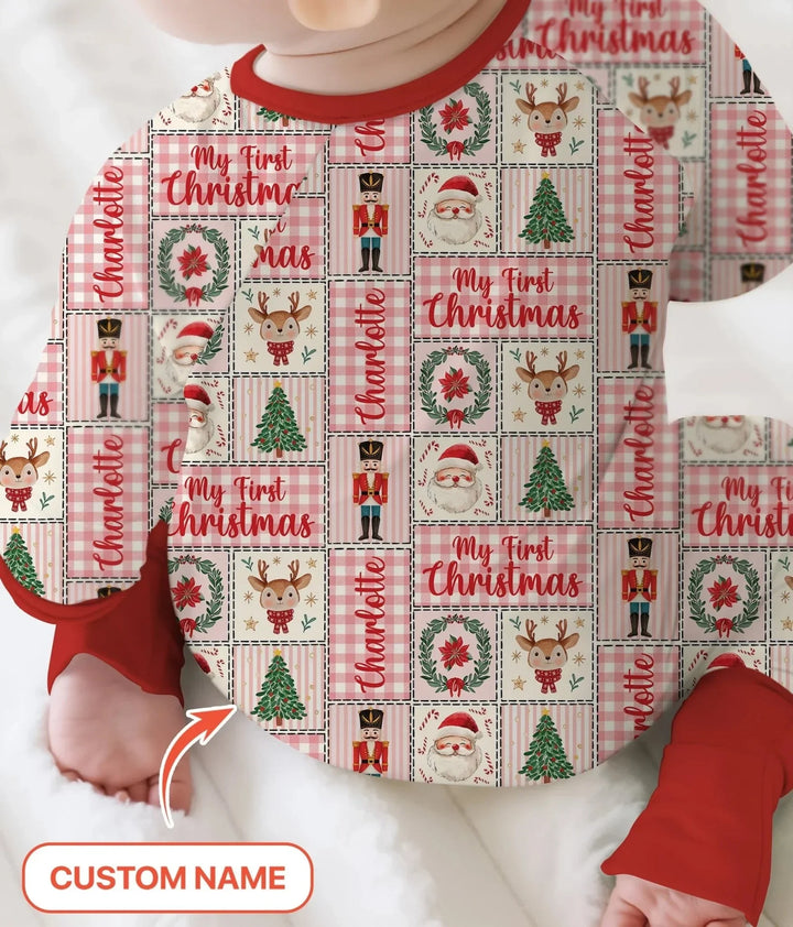 Merry Patchwork Christmas Custom Name Convertible Zippy , Merry Patchwork Christmas Custom Name Convertible Zippy - 0-3M