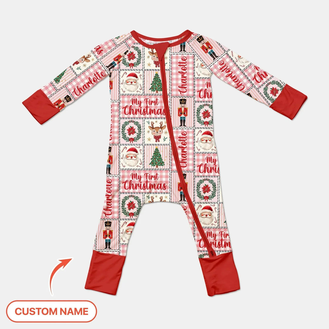 Merry Patchwork Christmas Custom Name Convertible Zippy , Merry Patchwork Christmas Custom Name Convertible Zippy - 0-3M
