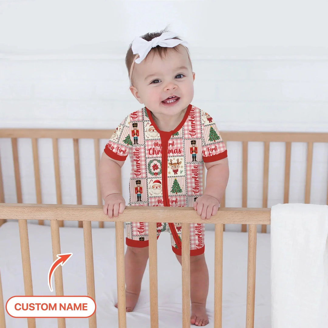 Merry Patchwork Christmas Custom Name Shorty Zippy , Merry Patchwork Christmas Custom Name Shorty Zippy - 0-3M