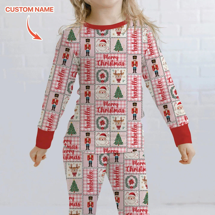Merry Patchwork Christmas Custom Name Two Piece Long Sleeve Pajama Set , Merry Patchwork Christmas Custom Name Two Piece Long Sleeve Pajama Set - 12-18M