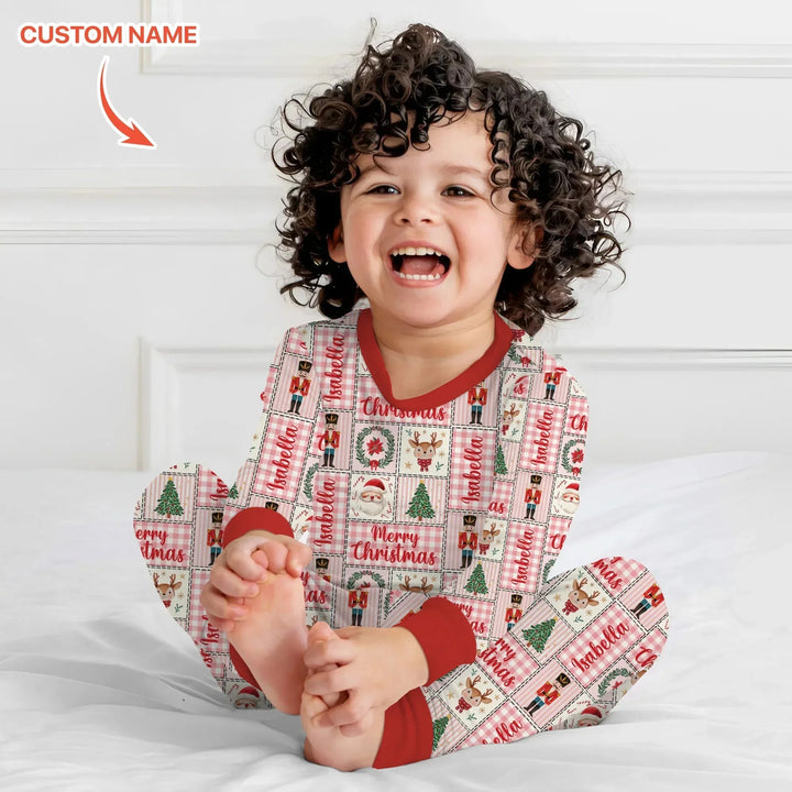 Merry Patchwork Christmas Custom Name Two Piece Long Sleeve Pajama Set , Merry Patchwork Christmas Custom Name Two Piece Long Sleeve Pajama Set - 12-18M