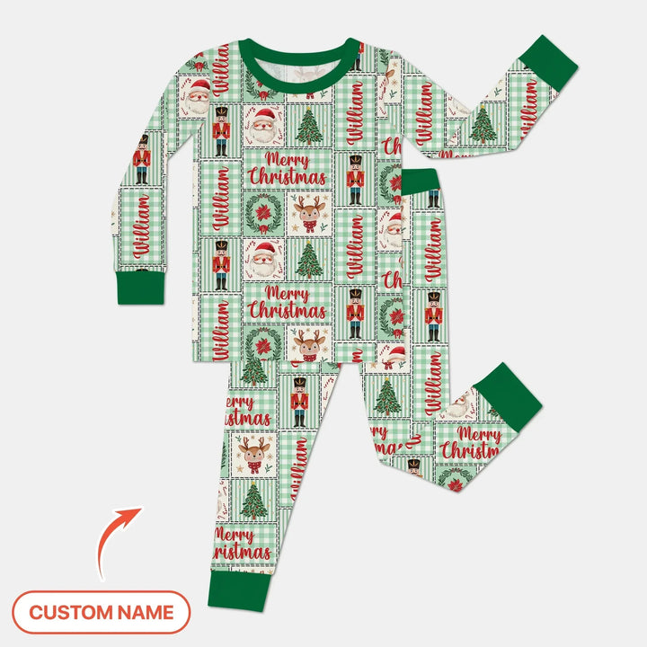 Merry Patchwork Christmas Custom Name Two Piece Long Sleeve Pajama Set , Merry Patchwork Christmas Custom Name Two Piece Long Sleeve Pajama Set - 12-18M