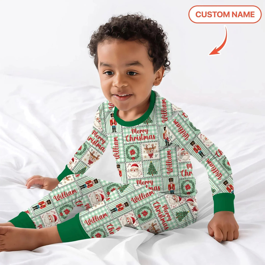 Merry Patchwork Christmas Custom Name Two Piece Long Sleeve Pajama Set , Merry Patchwork Christmas Custom Name Two Piece Long Sleeve Pajama Set - 12-18M