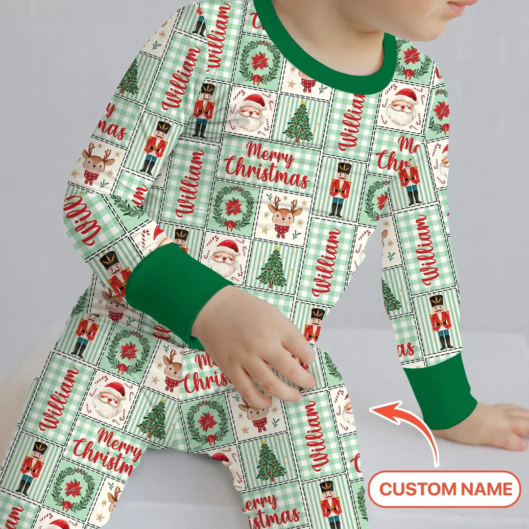 Merry Patchwork Christmas Custom Name Two Piece Long Sleeve Pajama Set , Merry Patchwork Christmas Custom Name Two Piece Long Sleeve Pajama Set - 12-18M