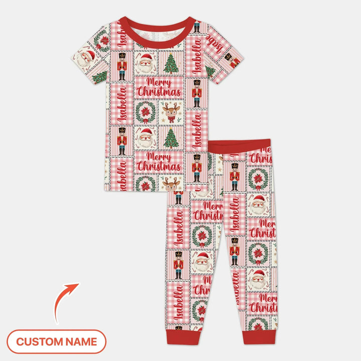 Merry Patchwork Christmas Custom Name Two Piece Short Sleeve Pajama Set , Merry Patchwork Christmas Custom Name Two Piece Short Sleeve Pajama Set - 12-18M