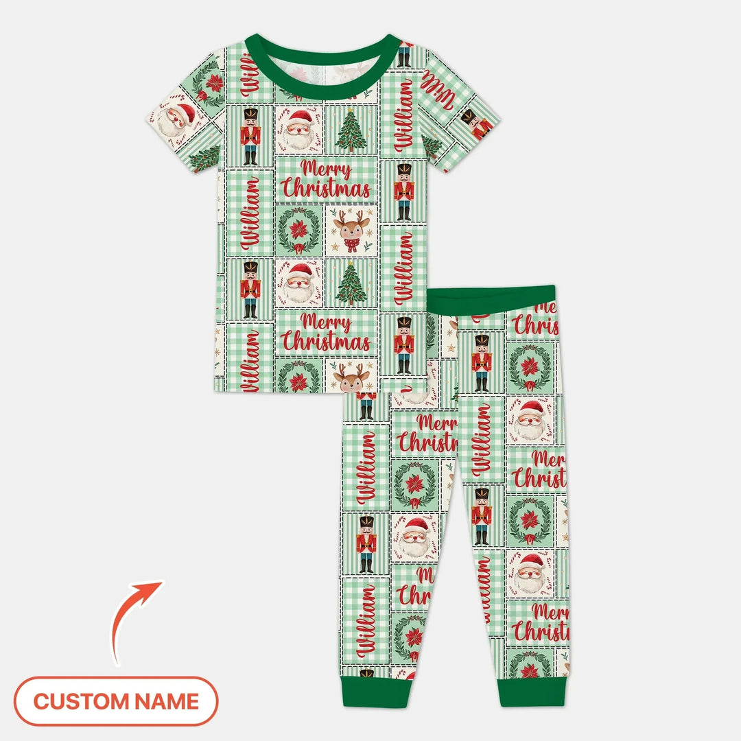 Merry Patchwork Christmas Custom Name Two Piece Short Sleeve Pajama Set , Merry Patchwork Christmas Custom Name Two Piece Short Sleeve Pajama Set - 12-18M