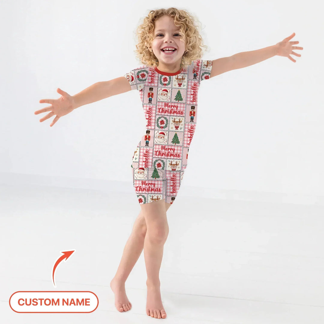 Merry Patchwork Christmas Custom Name Two Piece Short Sleeve Shorts Pajama Set , Merry Patchwork Christmas Custom Name Two Piece Short Sleeve Shorts Pajama Set - 12-18M