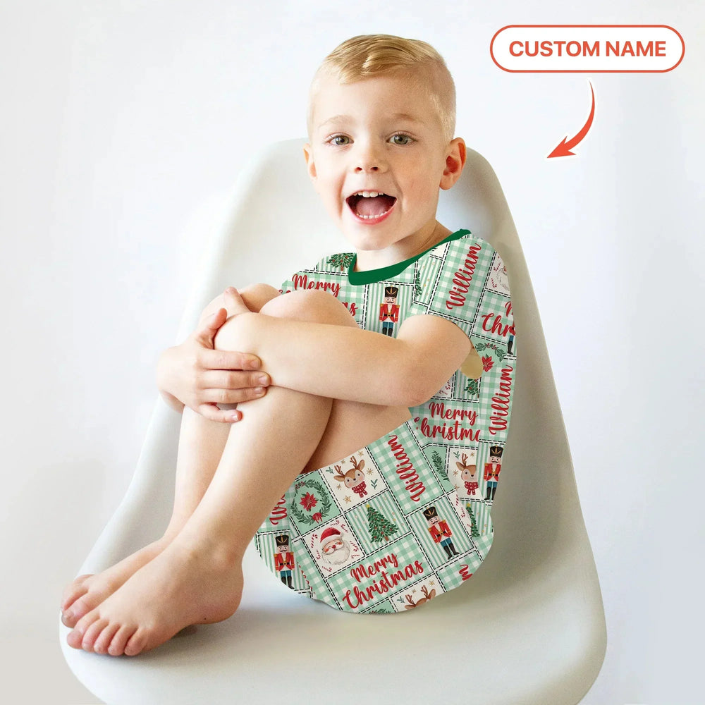 Merry Patchwork Christmas Custom Name Two Piece Short Sleeve Shorts Pajama Set , Merry Patchwork Christmas Custom Name Two Piece Short Sleeve Shorts Pajama Set - 12-18M