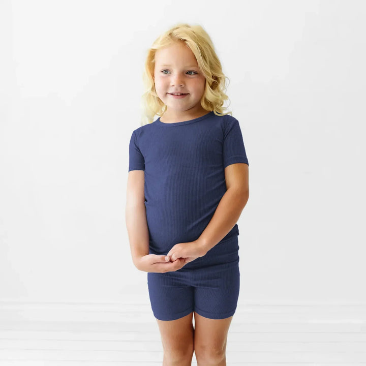 Midnight Blue Ribbed Two Piece Short Sleeve Short Pajama Set , Midnight Blue Ribbed Two Piece Short Sleeve Short Pajama Set - 12-18M