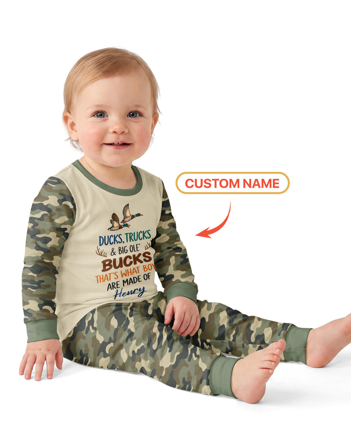 Custom Name Ducks, Trucks & Big Ole' Bucks Bamboo Two Piece Long Sleeve Pajama Set