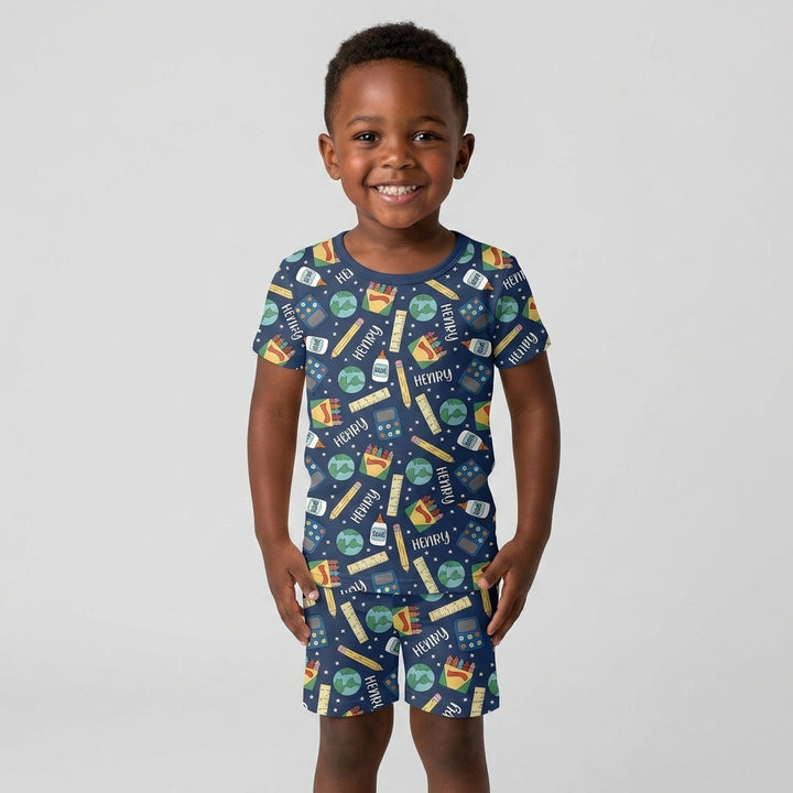 School Supply Bamboo Two Piece Short Sleeve Shorts Pajama Set